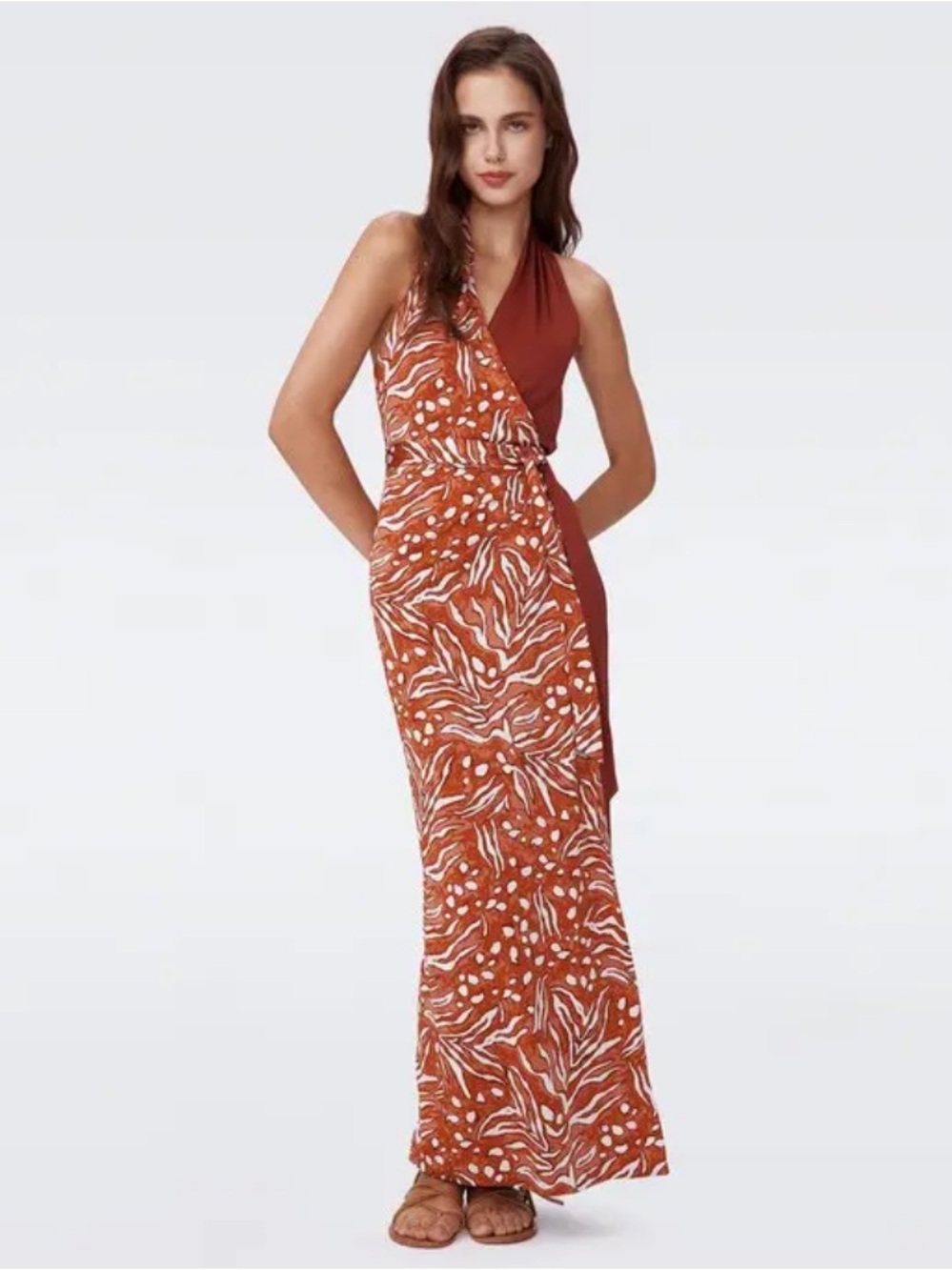 DVF DIANE VON FURSTENBERG chase dress in caramel/chestnut wrap maxi halter 2 - Picture 15 of 15
